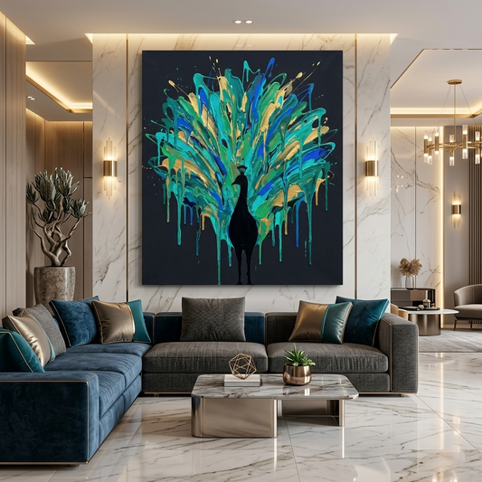Peacock in Full Glory — Teal Gold Paint Drip Canvas Wall Art Prints
