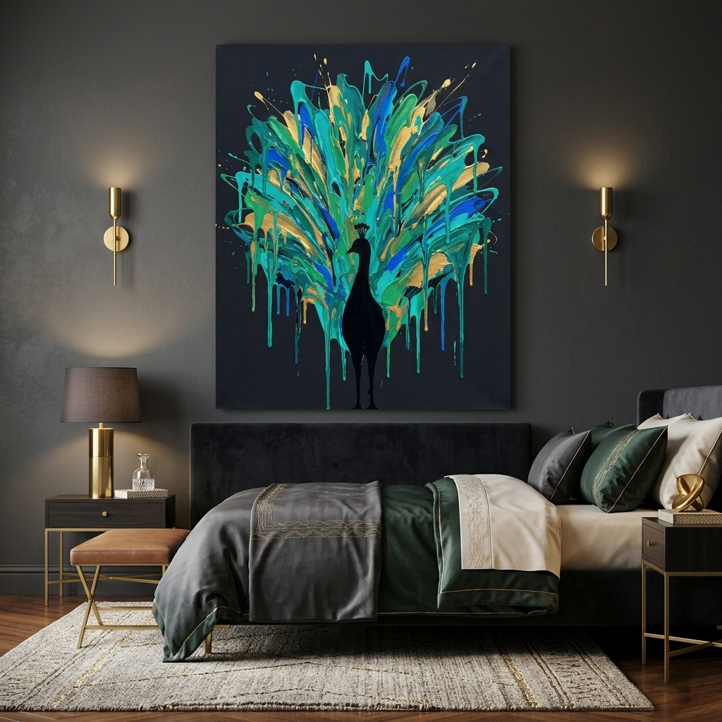 Peacock in Full Glory — Teal Gold Paint Drip Canvas Wall Art Prints