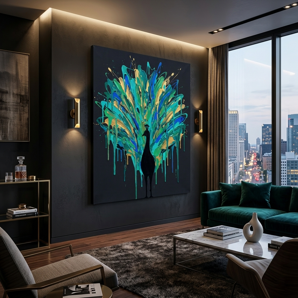 Peacock in Full Glory — Teal Gold Paint Drip Canvas Wall Art Prints