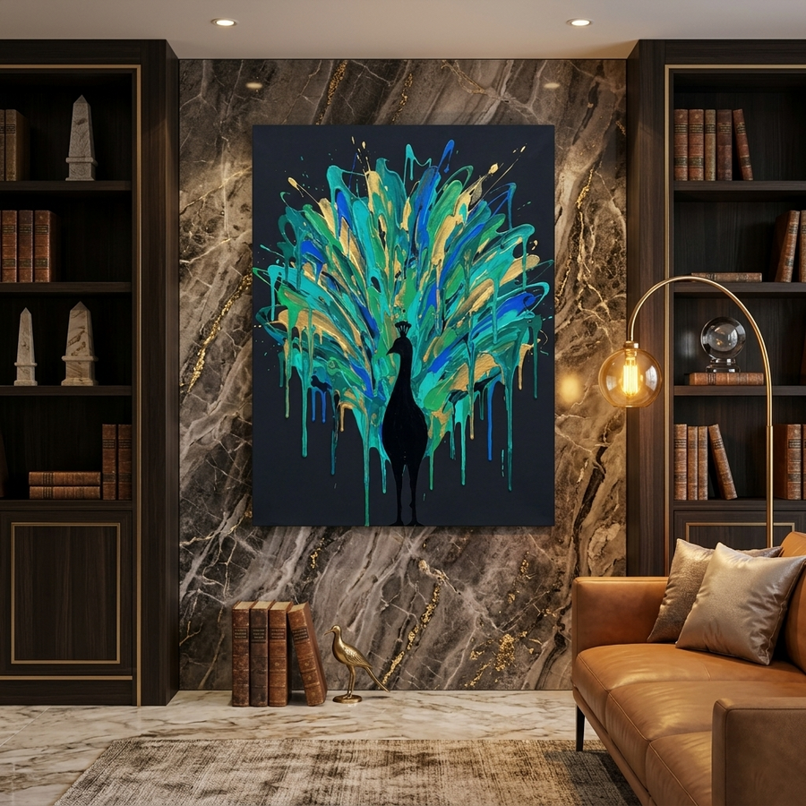 Peacock in Full Glory — Teal Gold Paint Drip Canvas Wall Art Prints above a 3-seater sofa at true scale