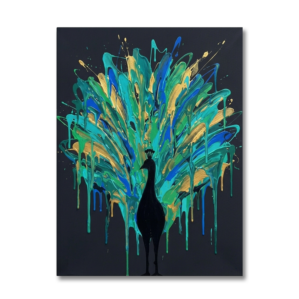 Peacock in Full Glory — Teal Gold Paint Drip Canvas Wall Art Prints
