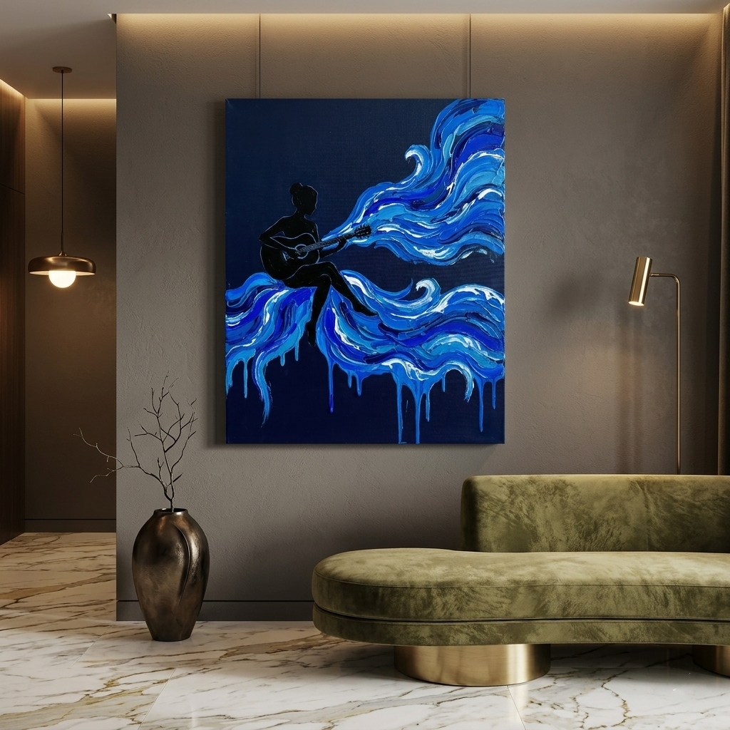 Ocean of Music — Guitarist Blue Wave Paint Canvas Wall Art Prints