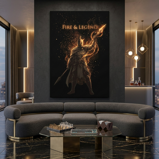 Fire & Legend — Golden Warrior Glitch Art Canvas Wall Art Prints