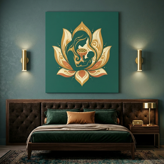 Lotus Mother — Sacred Mother and Child Gold Teal Canvas Wall Art Prints