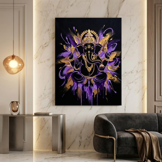 Ganesha Shakti — Violet Gold Paint Drip Canvas Wall Art Prints