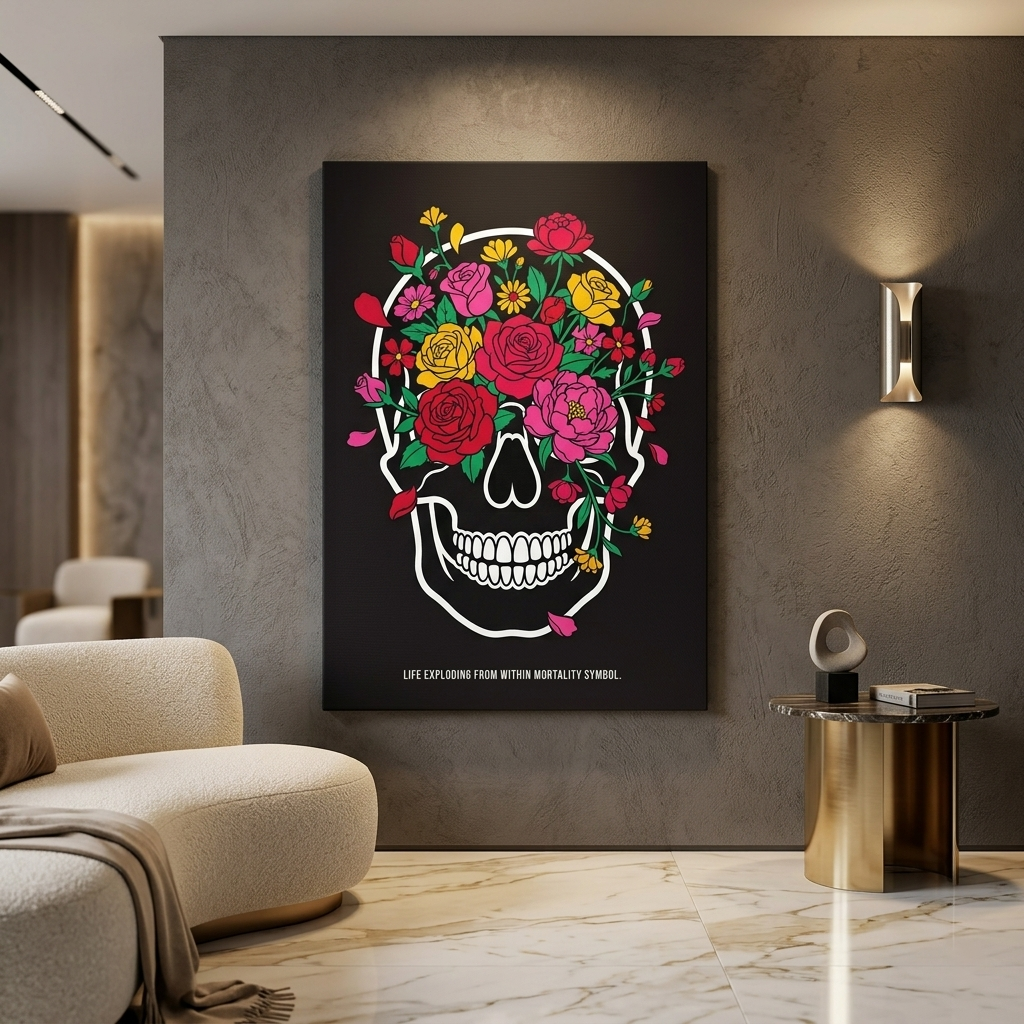 Skull in Bloom — Floral Skull Conceptual Canvas Wall Art Print | Dark Floral
