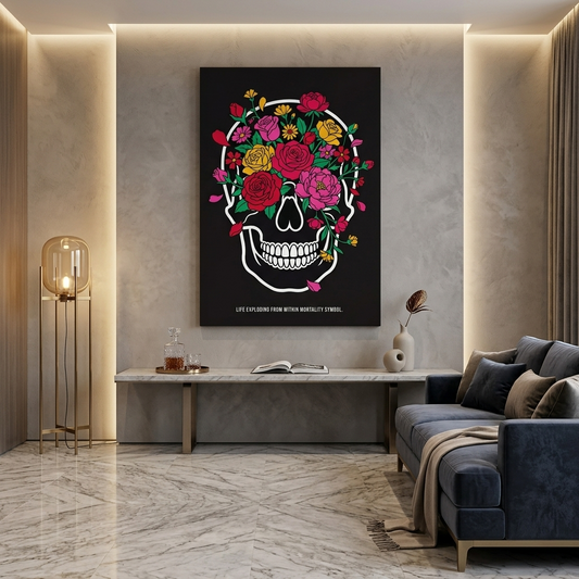 Skull in Bloom — Floral Skull Conceptual Canvas Wall Art Print | Dark Floral