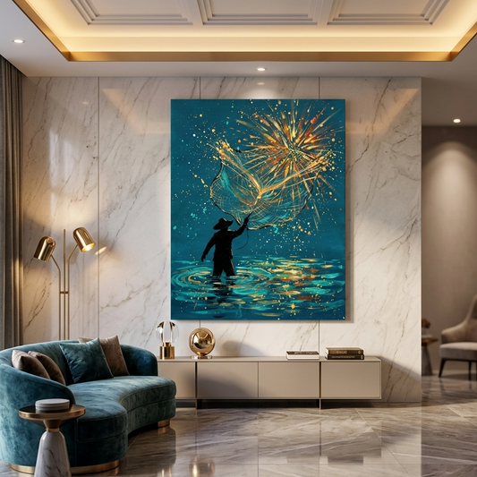 Fisherman Casting Golden Net Canvas Wall Art — Teal & Gold Abstract Painting Print