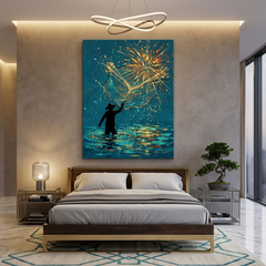 Fisherman Casting Golden Net Canvas Wall Art — Teal & Gold Abstract Painting Print