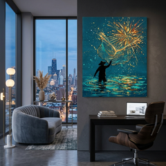 Fisherman Casting Golden Net Canvas Wall Art — Teal & Gold Abstract Painting Print