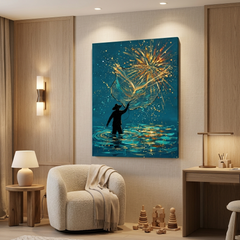 Fisherman Casting Golden Net Canvas Wall Art — Teal & Gold Abstract Painting Print