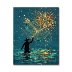 Fisherman Casting Golden Net Canvas Wall Art — Teal & Gold Abstract Painting Print