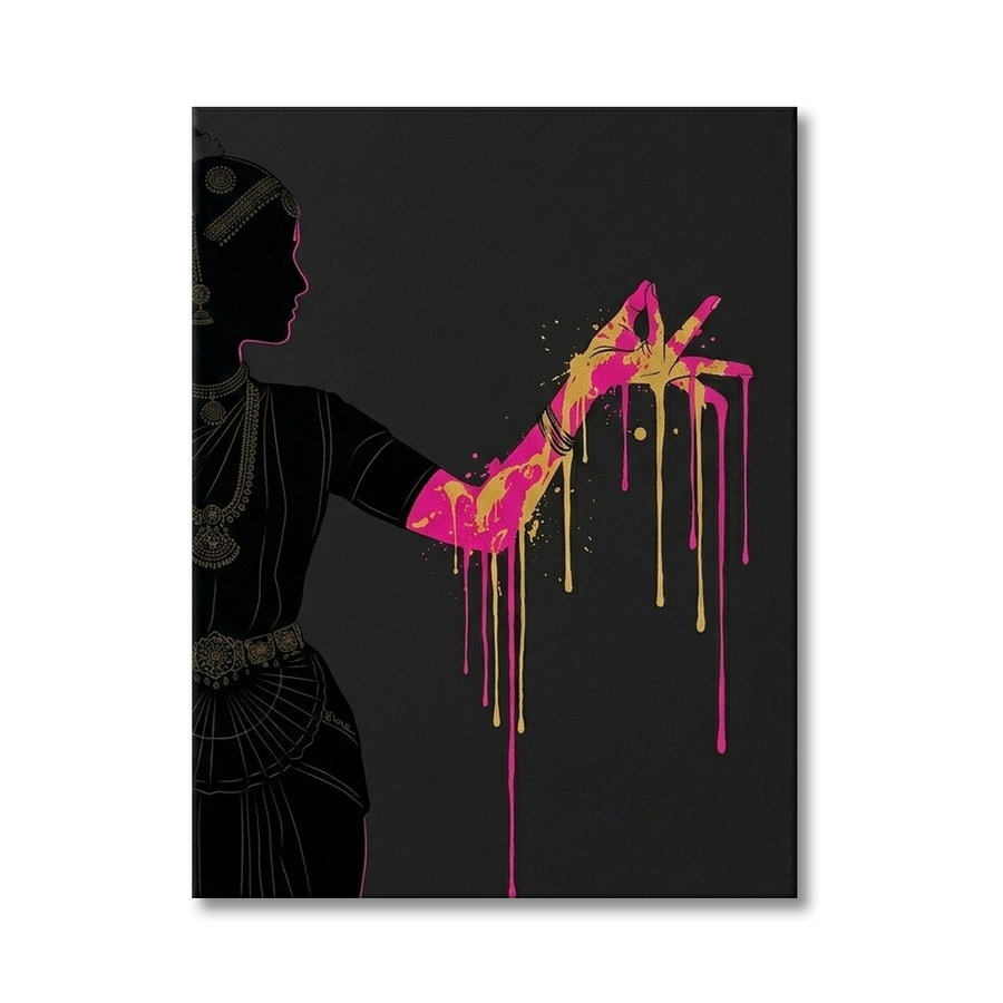 Indian Classical Dancer Conceptual Canvas Prints for Wall Decor above a 3-seater sofa at true scale