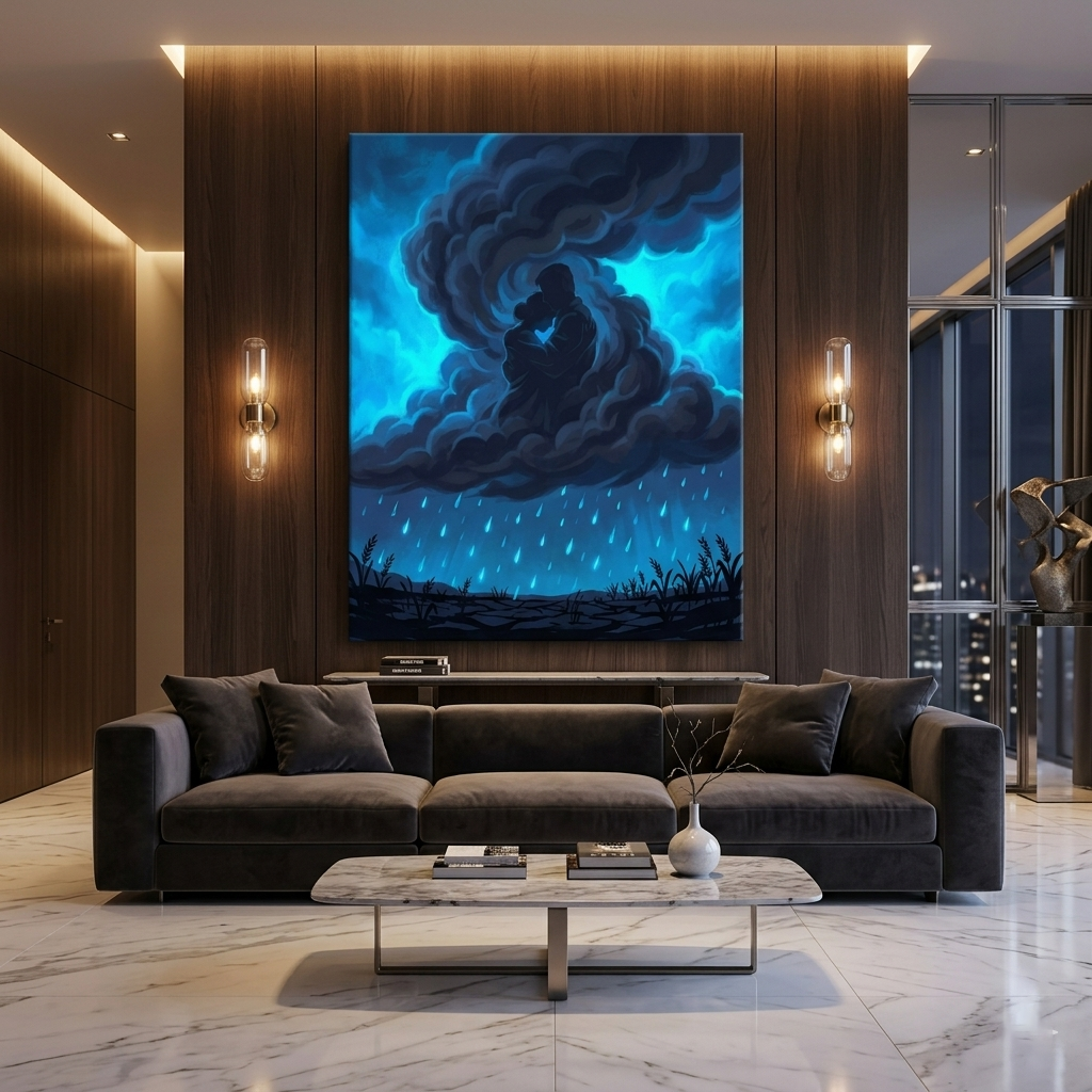 Rain Cloud Couple Conceptual Canvas Wall Art Prints for Study Room Art