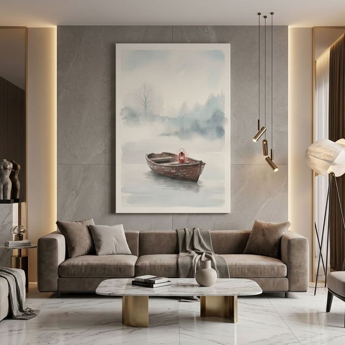Lantern Boat in the Mist – Watercolor Art Canvas Prints