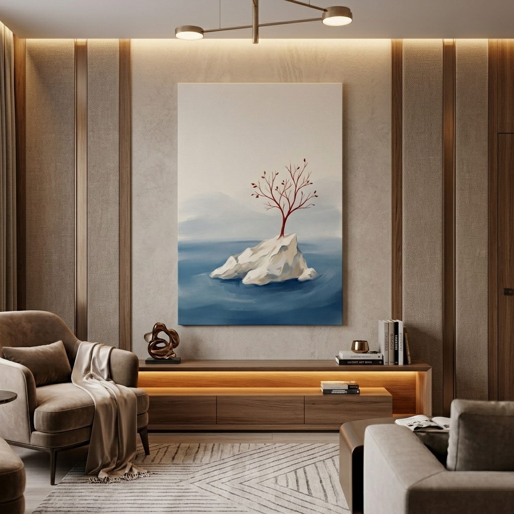 Lone Red Tree on Rock – Watercolor Art Canvas Prints