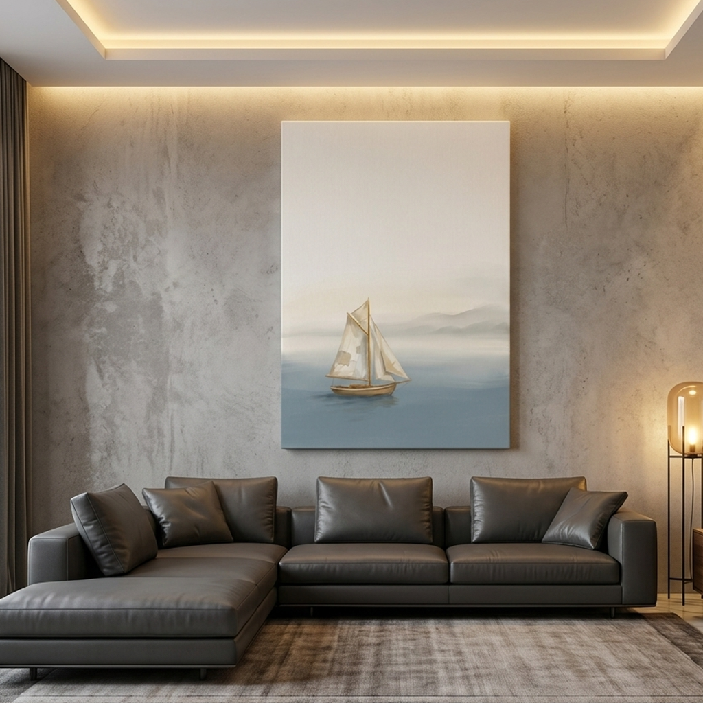 Sailboat on Misty Blue Water – Watercolor Art Canvas Prints