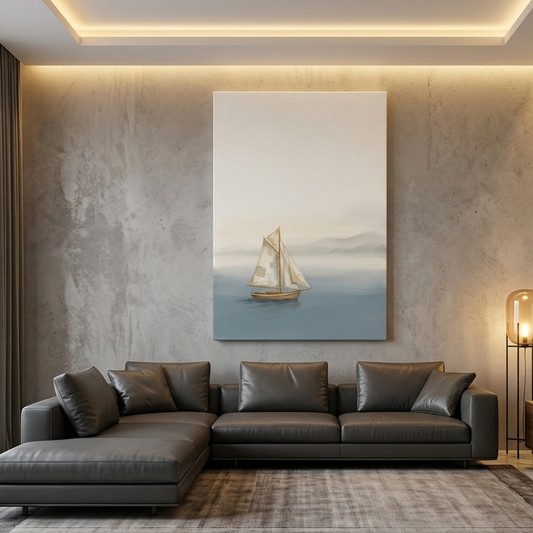 Sailboat on Misty Blue Water – Watercolor Art Canvas Prints