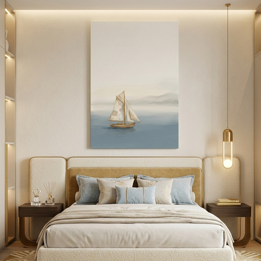 Sailboat on Misty Blue Water – Watercolor Art Canvas Prints