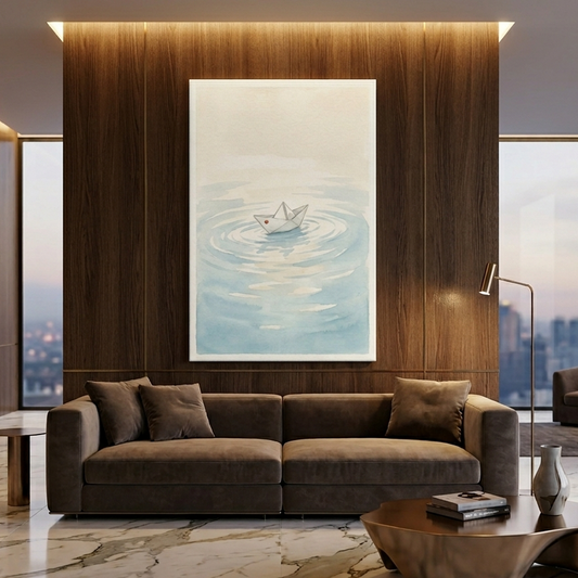 Paper Boat on Calm Ripples – Watercolor Art Canvas Prints