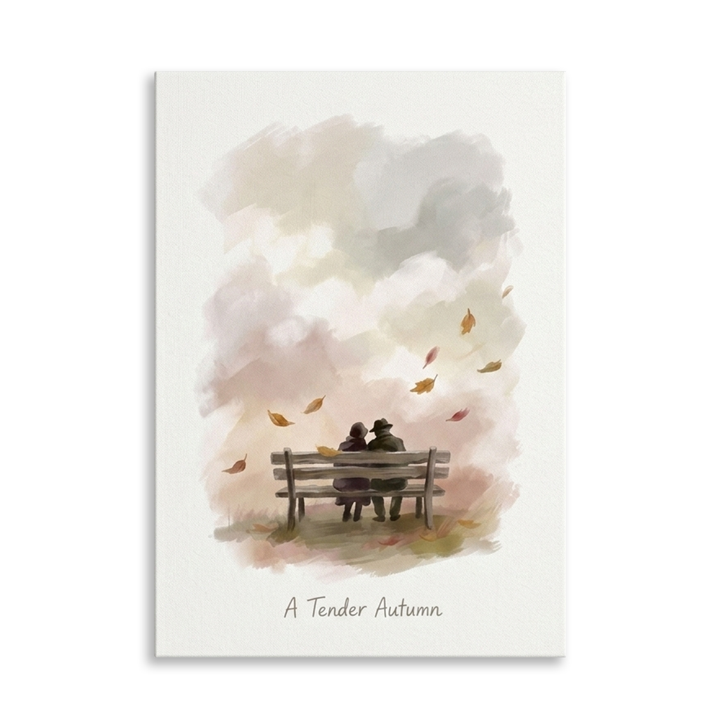 A Tender Autumn Embrace – Watercolor Art Canvas Prints, zoom in to see the canvas