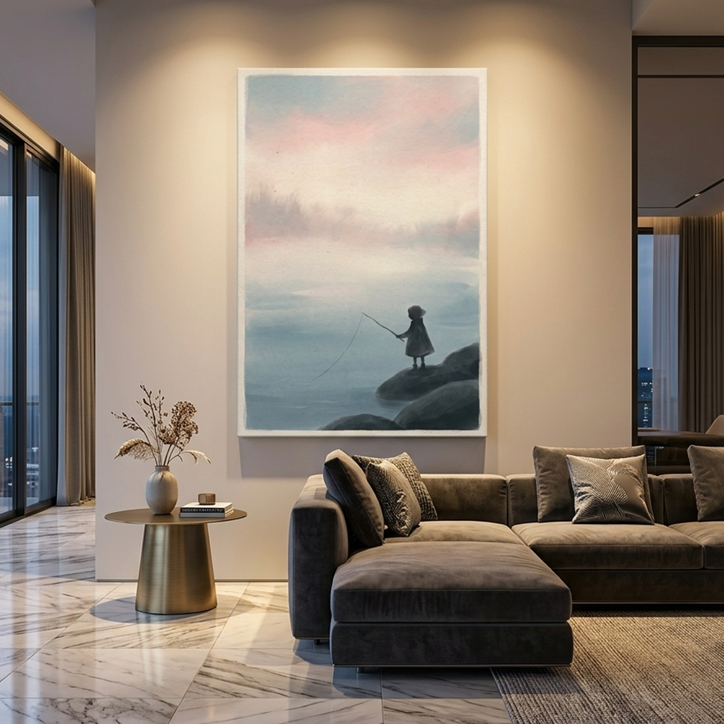 Child Fishing by Misty Water – Watercolor Art Canvas Prints