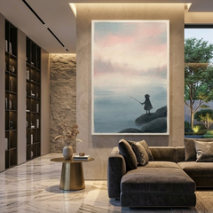 Child Fishing by Misty Water – Watercolor Art Canvas Prints