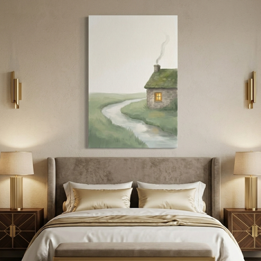 Green Cottage by the Stream – Watercolor Art Canvas Prints