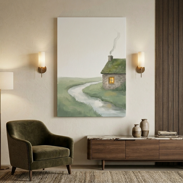 Green Cottage by the Stream – Watercolor Art Canvas Prints