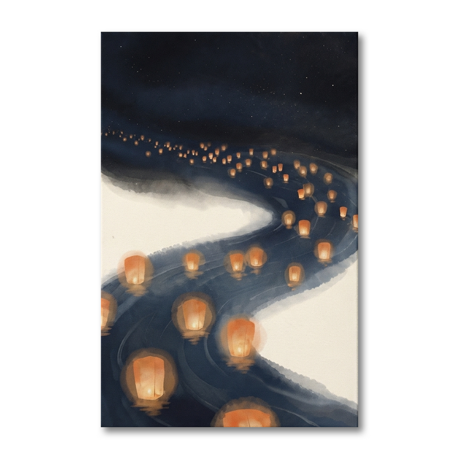 River of Floating Lanterns Cozy Watercolor Canvas Wall Art Prints above a 3-seater sofa at true scale