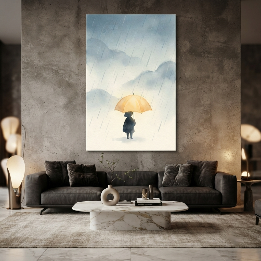 Yellow Umbrella Rainy Day Cozy Watercolor Canvas Wall Art Prints