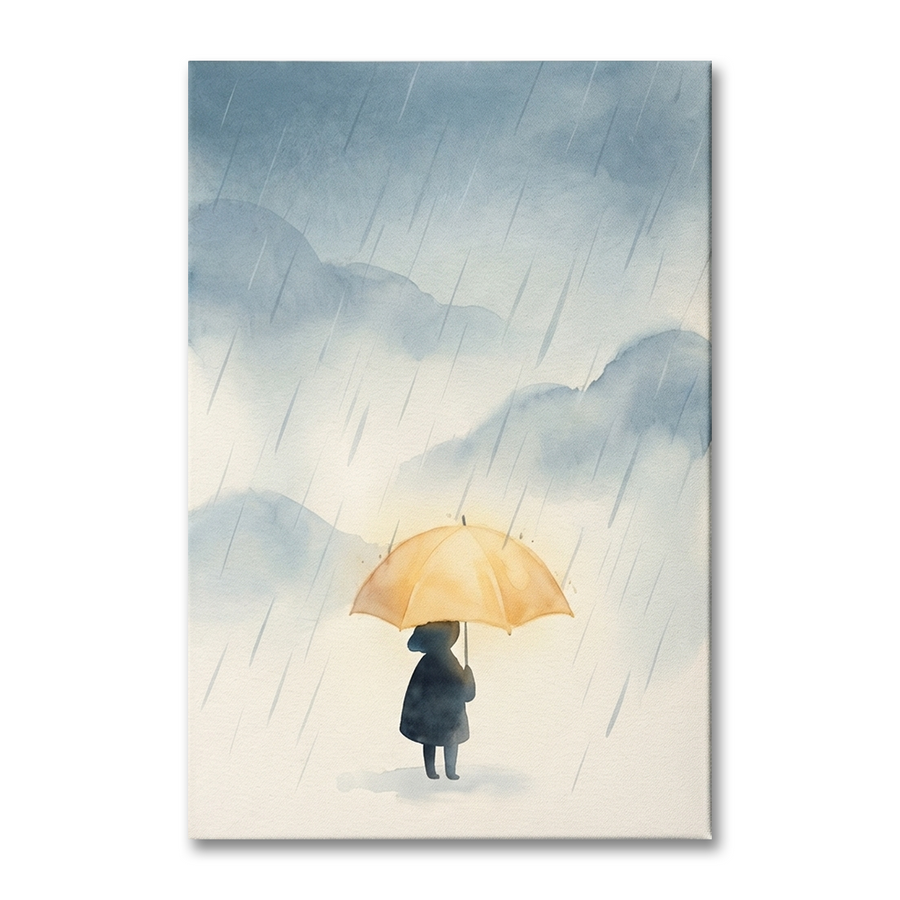Yellow Umbrella Rainy Day Cozy Watercolor Canvas Wall Art Prints above a 3-seater sofa at true scale