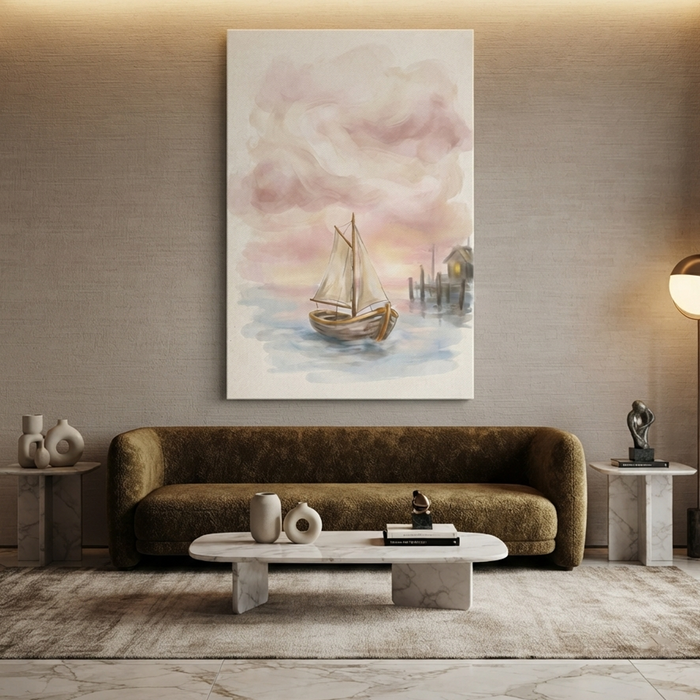 Blush Sky Sailboat Harbour Cozy Watercolor Canvas Wall Art Prints