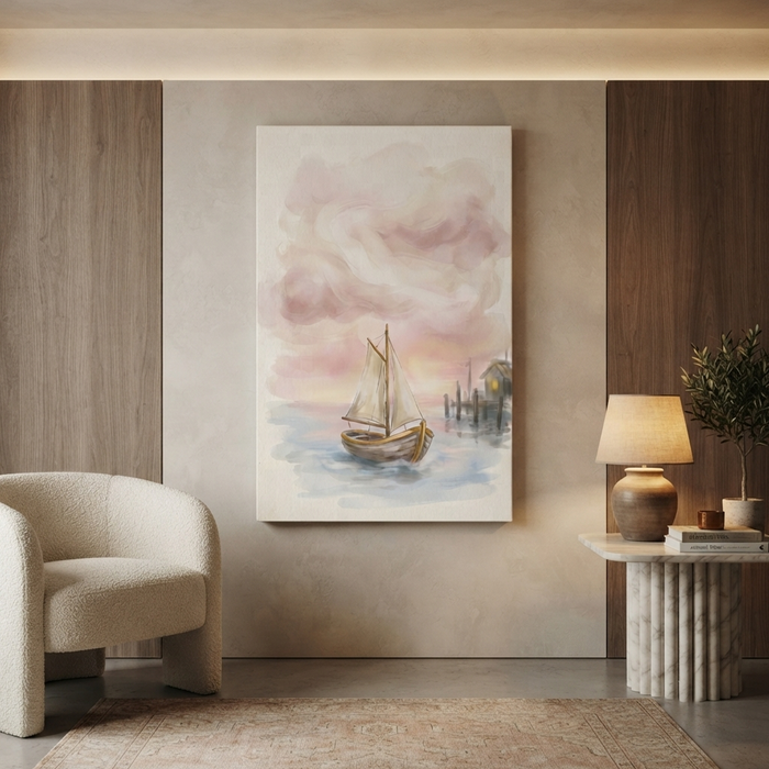 Blush Sky Sailboat Harbour Cozy Watercolor Canvas Wall Art Prints