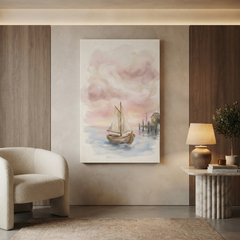 Blush Sky Sailboat Harbour Cozy Watercolor Canvas Wall Art Prints