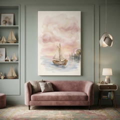 Blush Sky Sailboat Harbour Cozy Watercolor Canvas Wall Art Prints