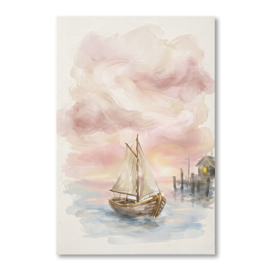 Blush Sky Sailboat Harbour Cozy Watercolor Canvas Wall Art Prints above a 3-seater sofa at true scale