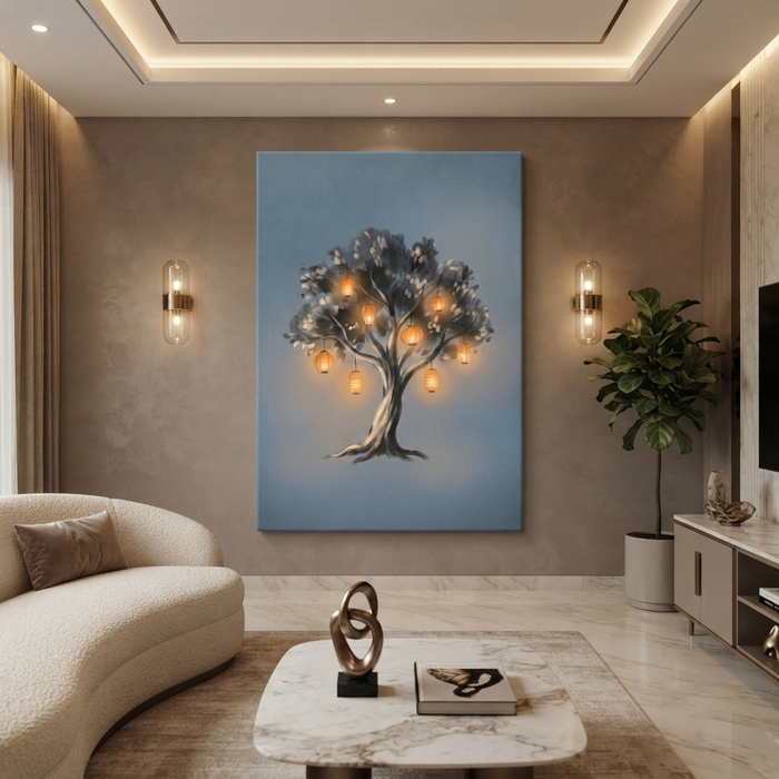 Glowing Lantern Wishing Tree Cozy Watercolor Canvas Wall Art Prints