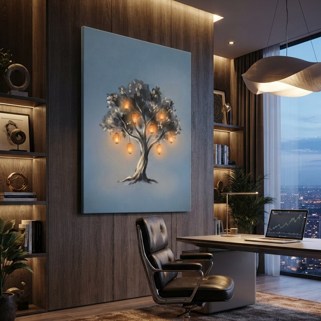 Glowing Lantern Wishing Tree Cozy Watercolor Canvas Wall Art Prints