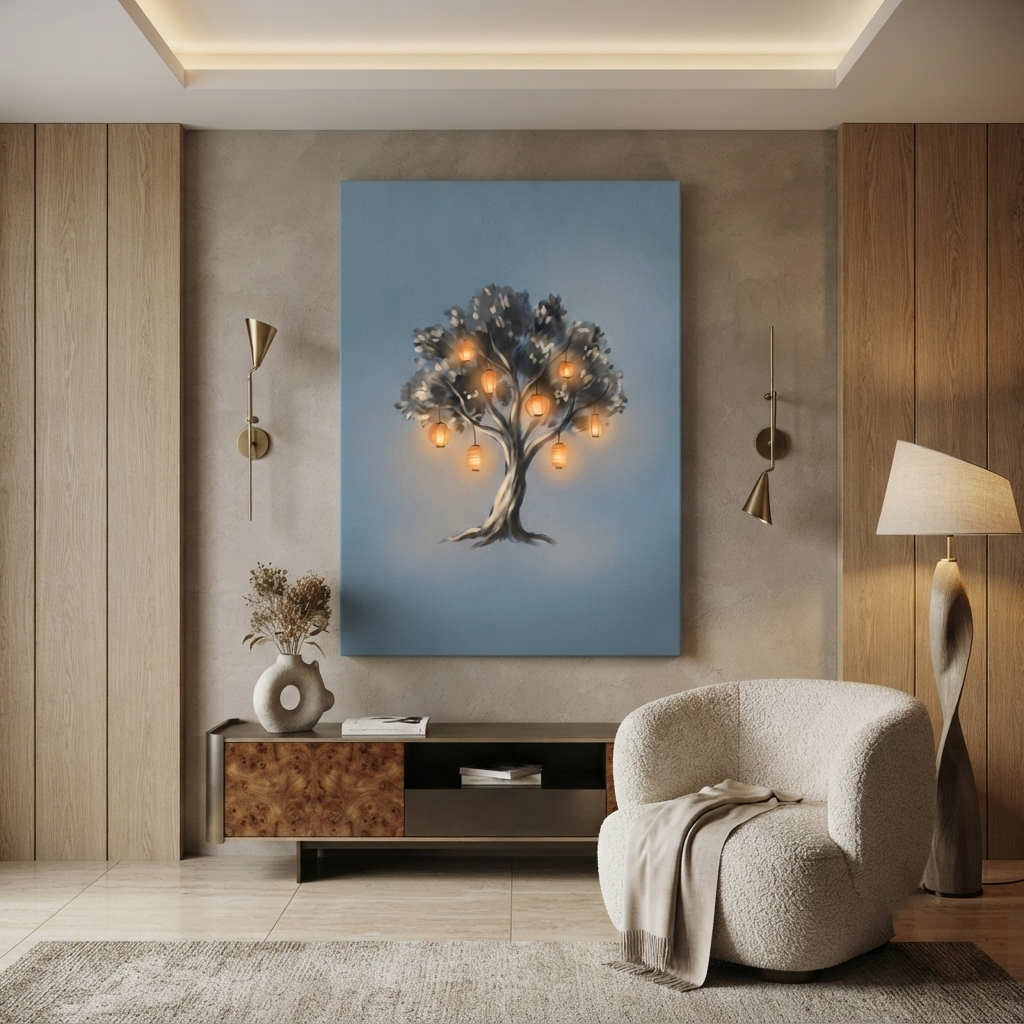 Glowing Lantern Wishing Tree Cozy Watercolor Canvas Wall Art Prints