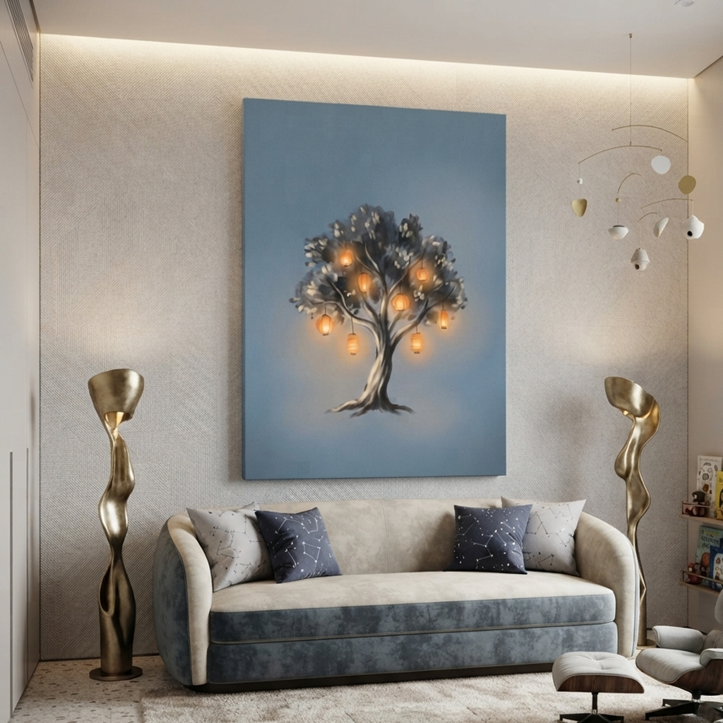 Glowing Lantern Wishing Tree Cozy Watercolor Canvas Wall Art Prints