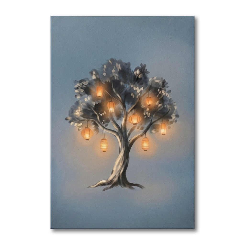 Glowing Lantern Wishing Tree Cozy Watercolor Canvas Wall Art Prints