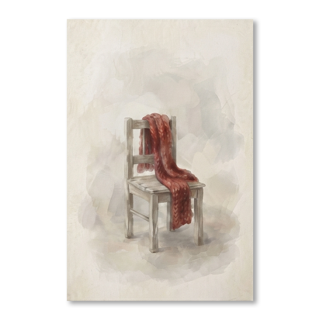 Red Scarf Wooden Chair Cozy Watercolor Canvas Wall Art Prints, zoom in to see the canvas