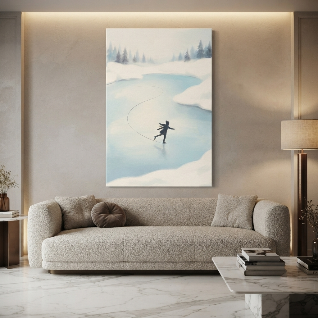 Frozen Pond Ice Skater Cozy Watercolor Canvas Wall Art Prints
