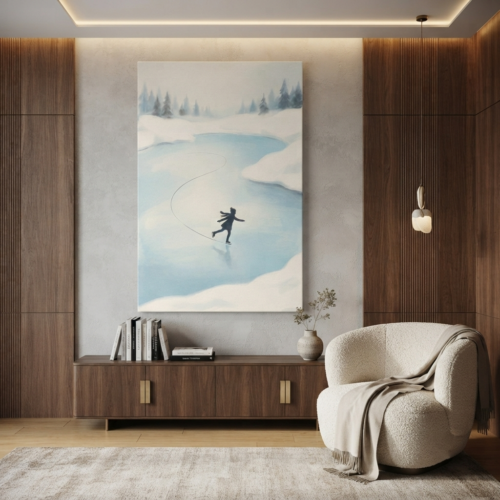 Frozen Pond Ice Skater Cozy Watercolor Canvas Wall Art Prints