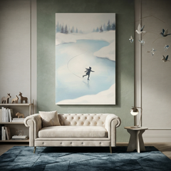Frozen Pond Ice Skater Cozy Watercolor Canvas Wall Art Prints