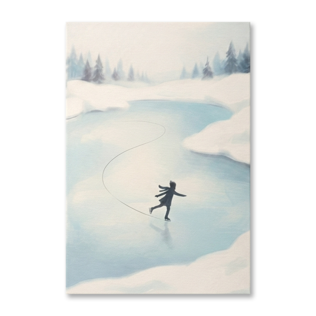 Frozen Pond Ice Skater Cozy Watercolor Canvas Wall Art Prints