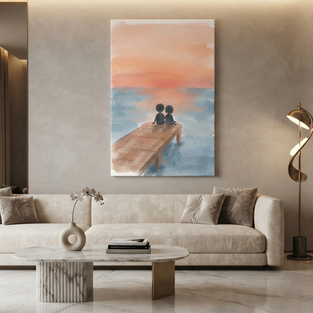 Sunset Jetty Little Friends Cozy Watercolor Canvas Wall Art Prints
