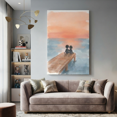 Sunset Jetty Little Friends Cozy Watercolor Canvas Wall Art Prints