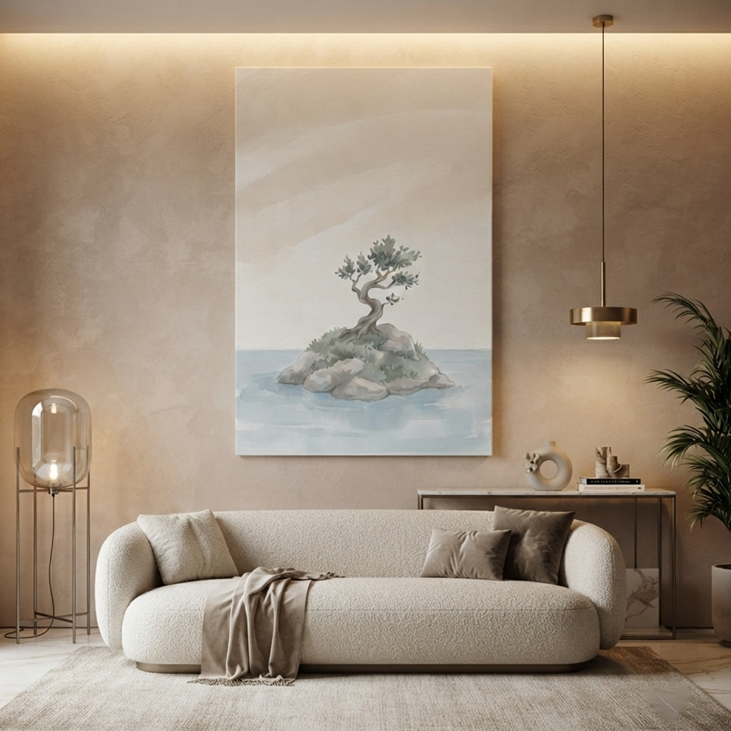 Lone Tree Island Serenity Cozy Watercolor Canvas Wall Art Prints
